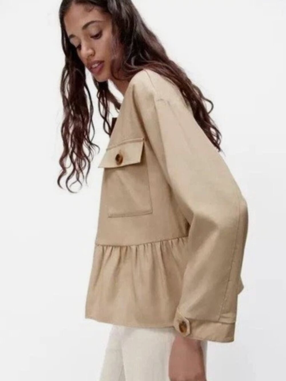 Zara | Tan Open Front Peplum Utility Jacket Cropped Safari Trench, Size XL